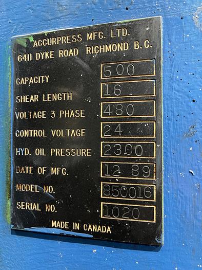 Used 1989 Accurpress 16' x 1/2" Hydraulic Accurshear 850016