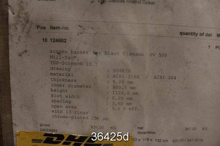 Unused Black Clawson UV500 Pressure Screen Basket, .008" Slots #36425
