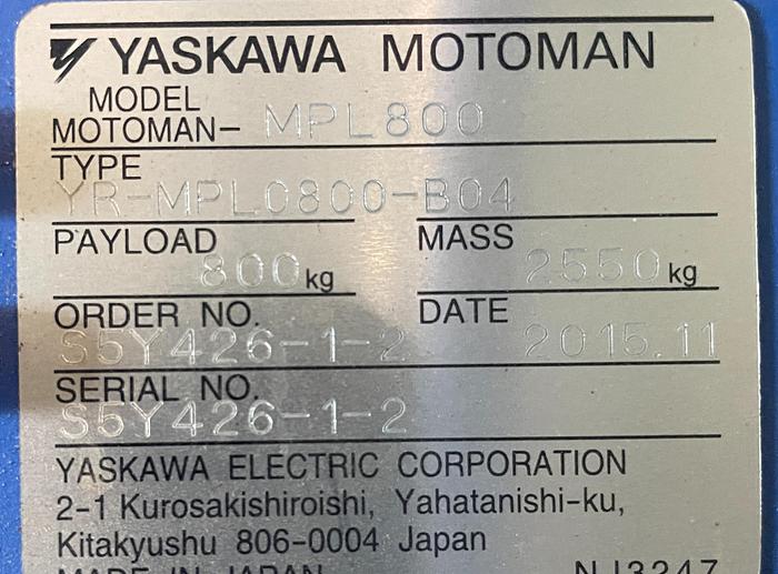 Used MOTOMAN MPL800 4 AXIS PALLETIZING ROBOT NEW 2015 DX100 800KG X 3.159 METER REACH