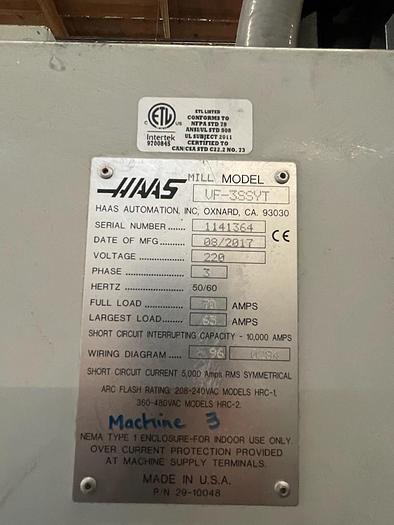 Used 2017 HAAS VF-3SSYT CNC Vertical Machining Center