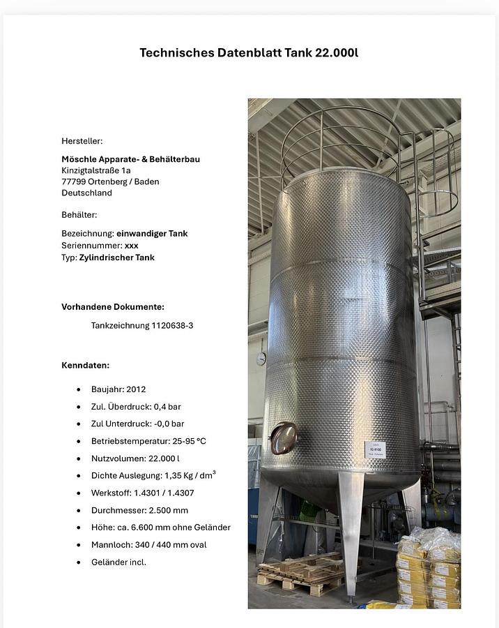 Gebraucht Möschle Siruppuffer / Edelstahltank 22.000 l mit Stelzer Bodenrührwerk, Baujahr 2012