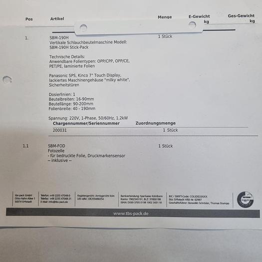 Gebraucht SBM 190 H Stick - Pack Vertikale Schlauchbeutelmaschine mit KBS Dosierung und Domino Thermotransferdrucker