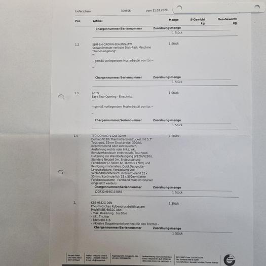 Gebraucht SBM 190 H Stick - Pack Vertikale Schlauchbeutelmaschine mit KBS Dosierung und Domino Thermotransferdrucker