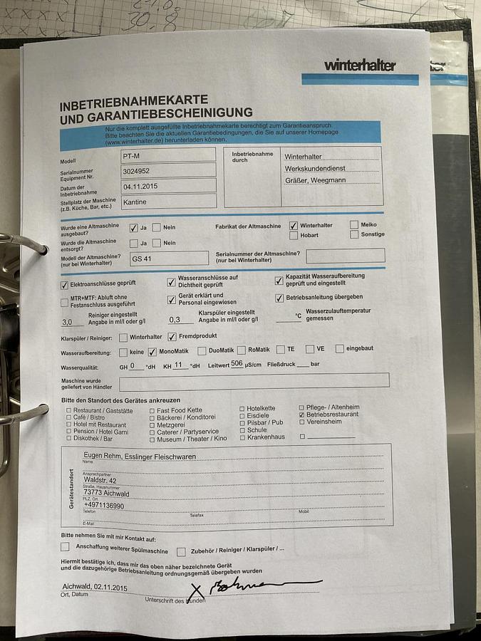 Used 2015 Winterhalter PT-M Haubenspülmaschine