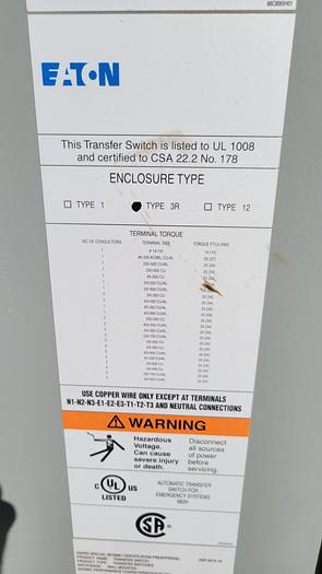 Used 2019 Kohler 600AMP Single Phase ATS