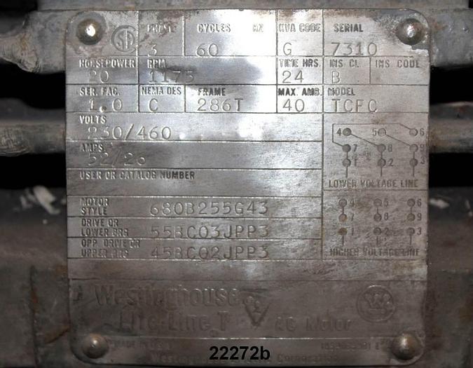 Used Westinghouse TCFC Motor, 20 Hp, 1175 Rpm, 230/460 Volt, 286T Frame, 53/26 Amp, 1.0 S.F., 3-Phase, 60 Hz #22272