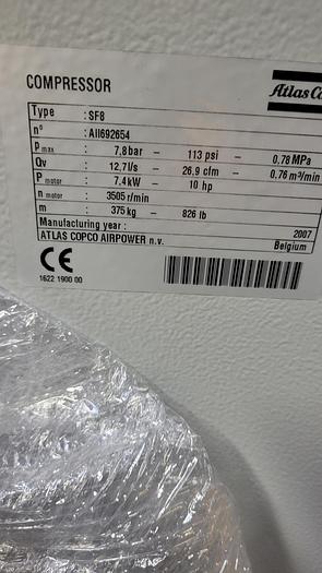 Used 2007 Atlas Copco 2007 Atlas Copco SF8 FF 10 hp rotary scroll oil free air compressor with dryer