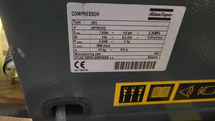 Used 2005 Atlas Copco SF2 FF 3hp SF2 FF
