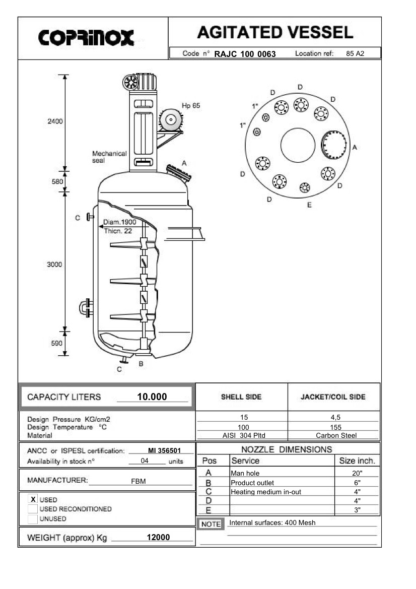Used 10000 Liters FBM reactor