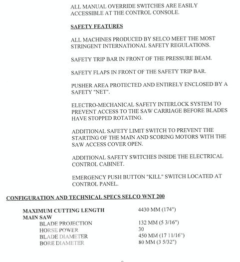 Used 1997 Selco WNT-200 Panel Saw