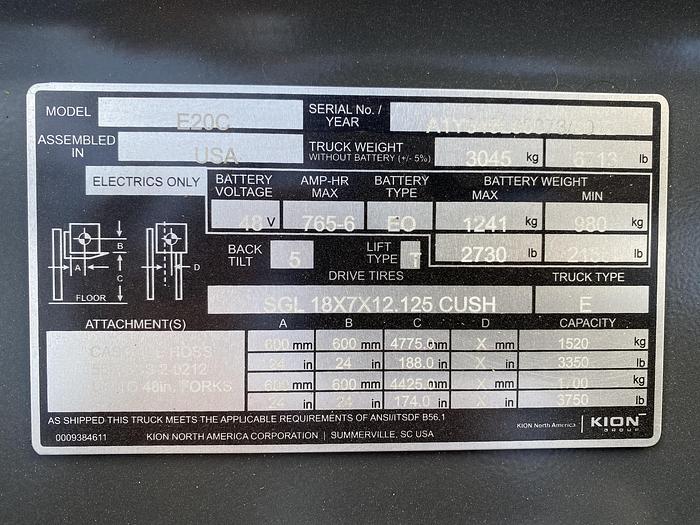 2022 LINDE E20C ELECTRIC FORKLIFT