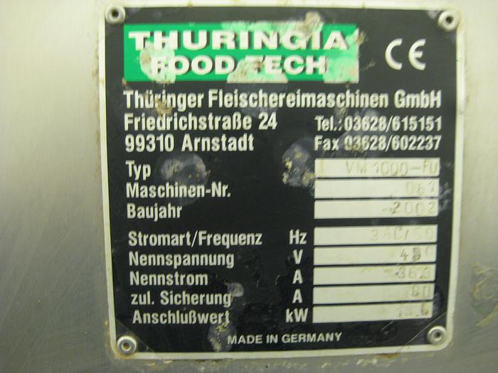 Used 2002 Thuringia Food Tech ribbon mixer VM1000-FU