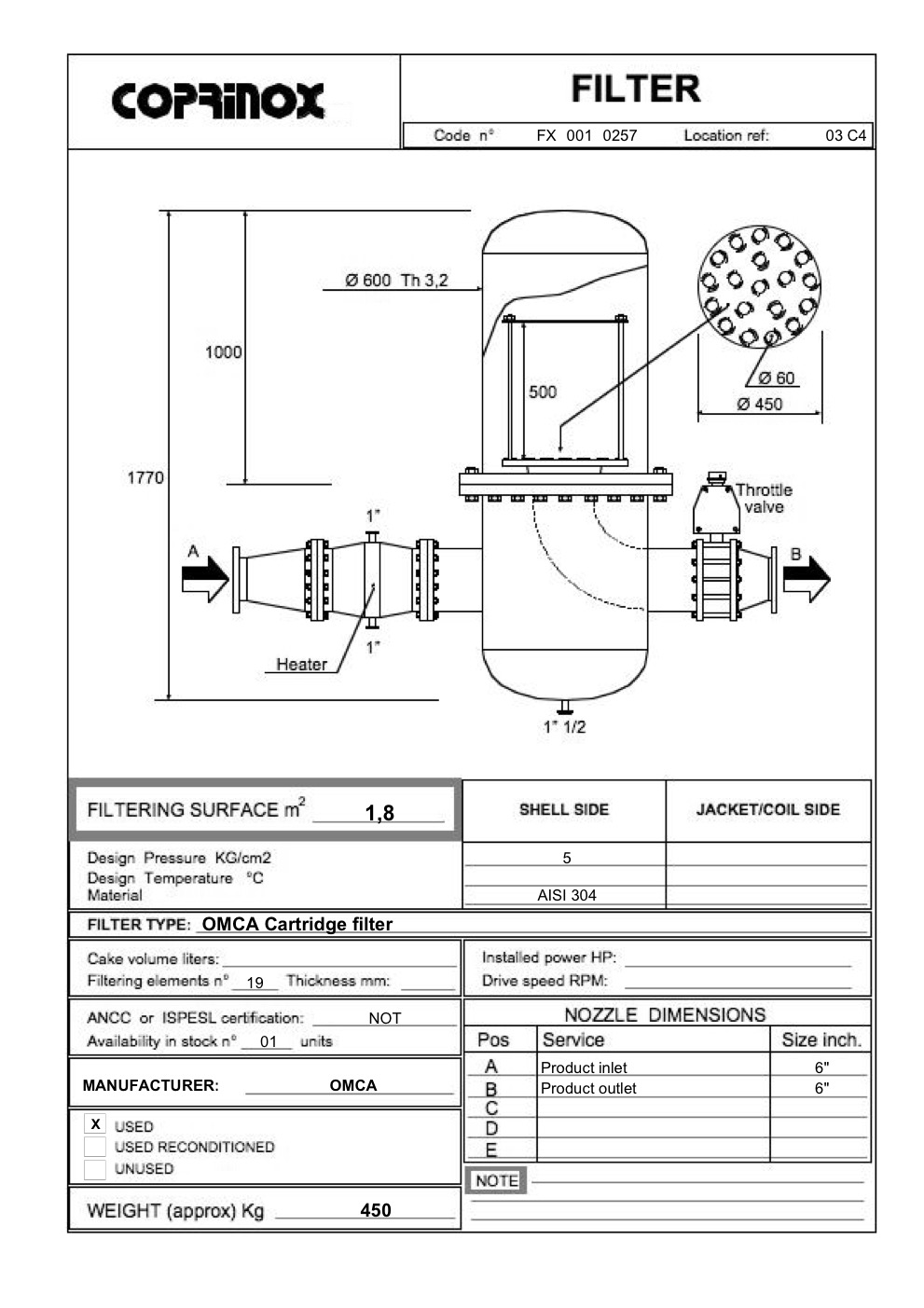 Used Cartridge filter OMCA 1,8 m2