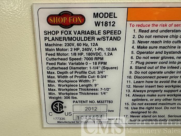 Used Shop Fox W1812 Planer Moulder