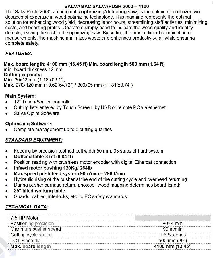 Used 2024 Salvamac Salvapush 2000 Optimizing Saw