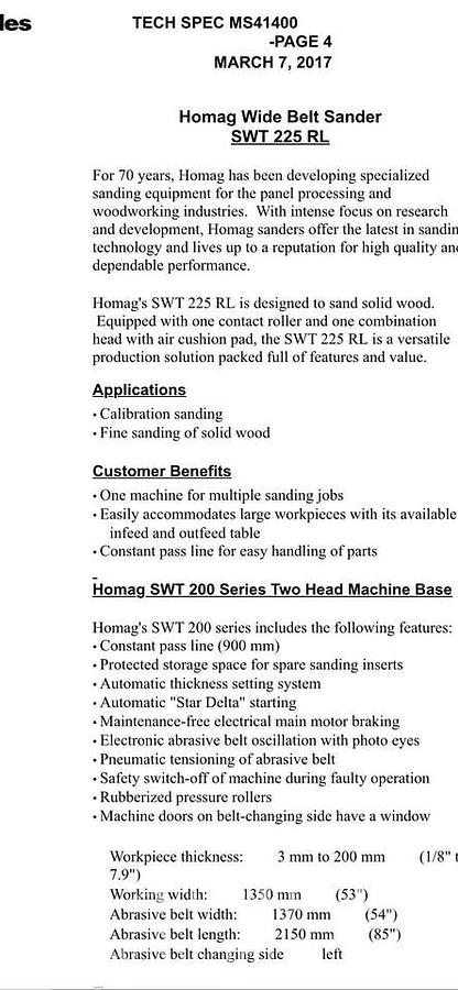 Used 2017 Homag SWT 225 2-Head 53" Wide Belt Sander