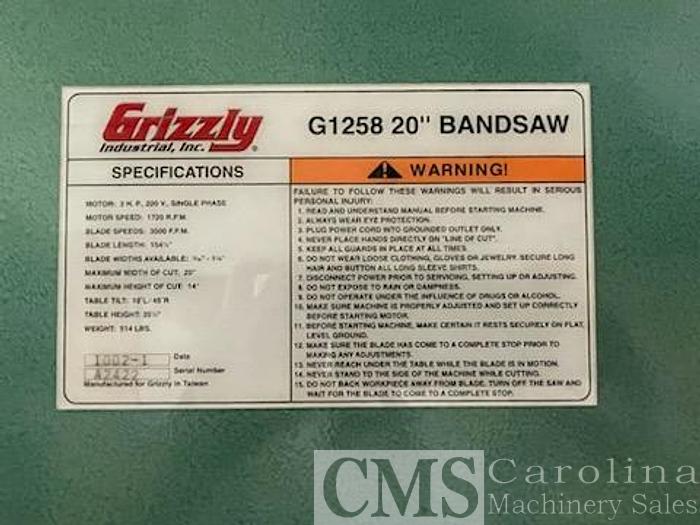Used 2002 Grizzly G1258 20" Band Saw