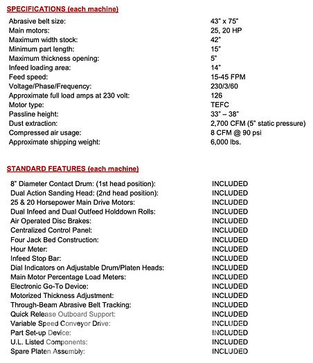 Used 2022 Timesavers Model 2321 43" 2-Head Sander