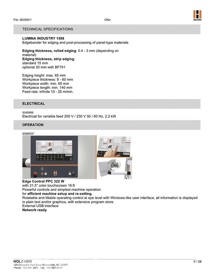 Used 2021 Holz-her 1598 Lumina Single Sided Edgebander