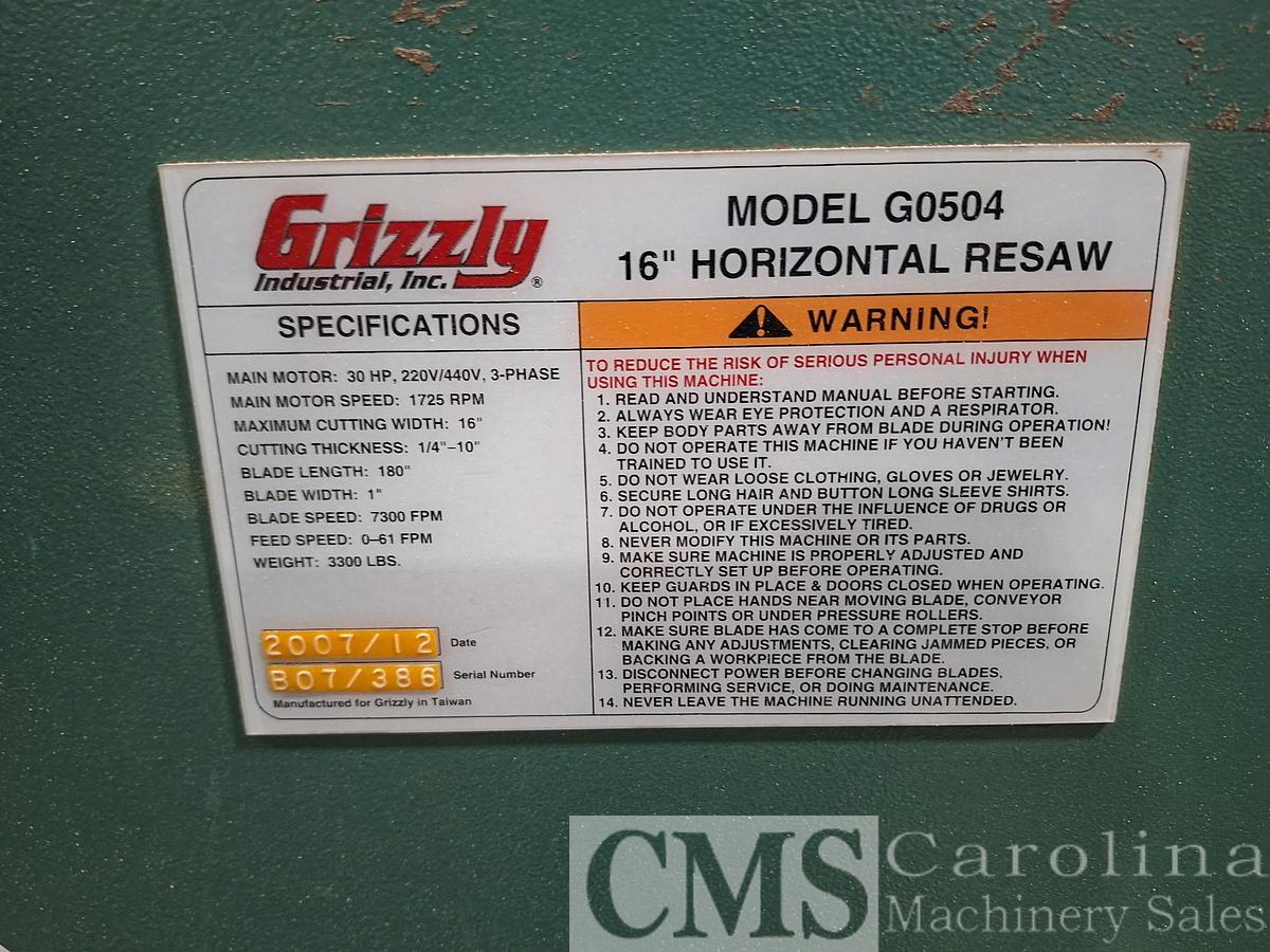 Used 2007 Grizzly G0504 16" Horizontal Resaw