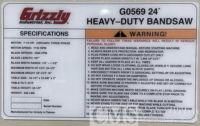 Used Grizzly Model G0569 24" Band Resaw