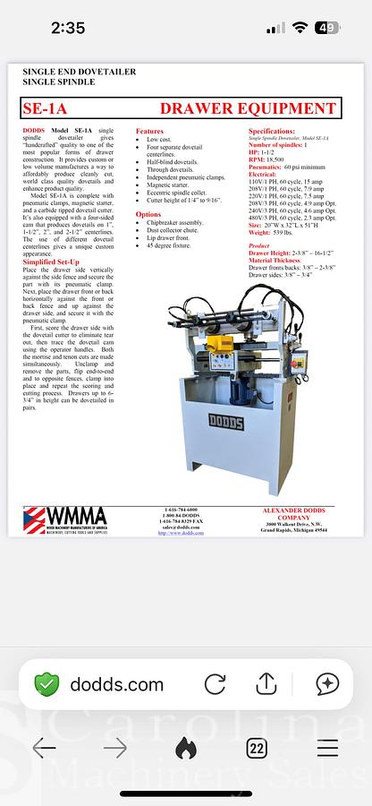 Used Dodds SE-1 Dovetail Machine