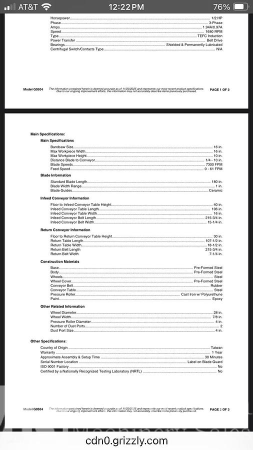 Used Grizzly  G0504 16" Horizontal Resaw With Return Conveyor