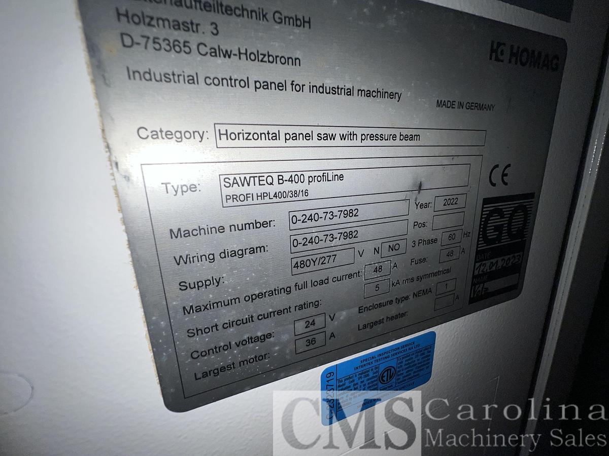 Used 2022 Homag Sawteq B400 HPL400 Profiline Rear Load Panel Saw