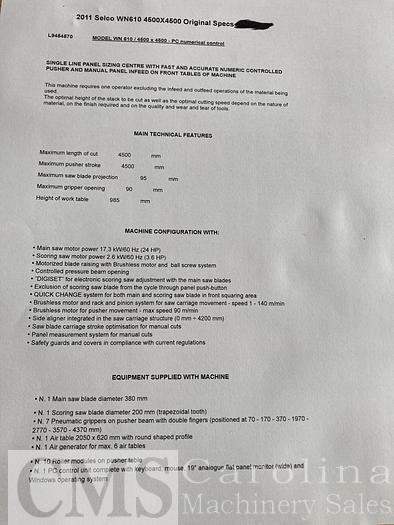 Used 2011 Selco WN610 Panel Saw