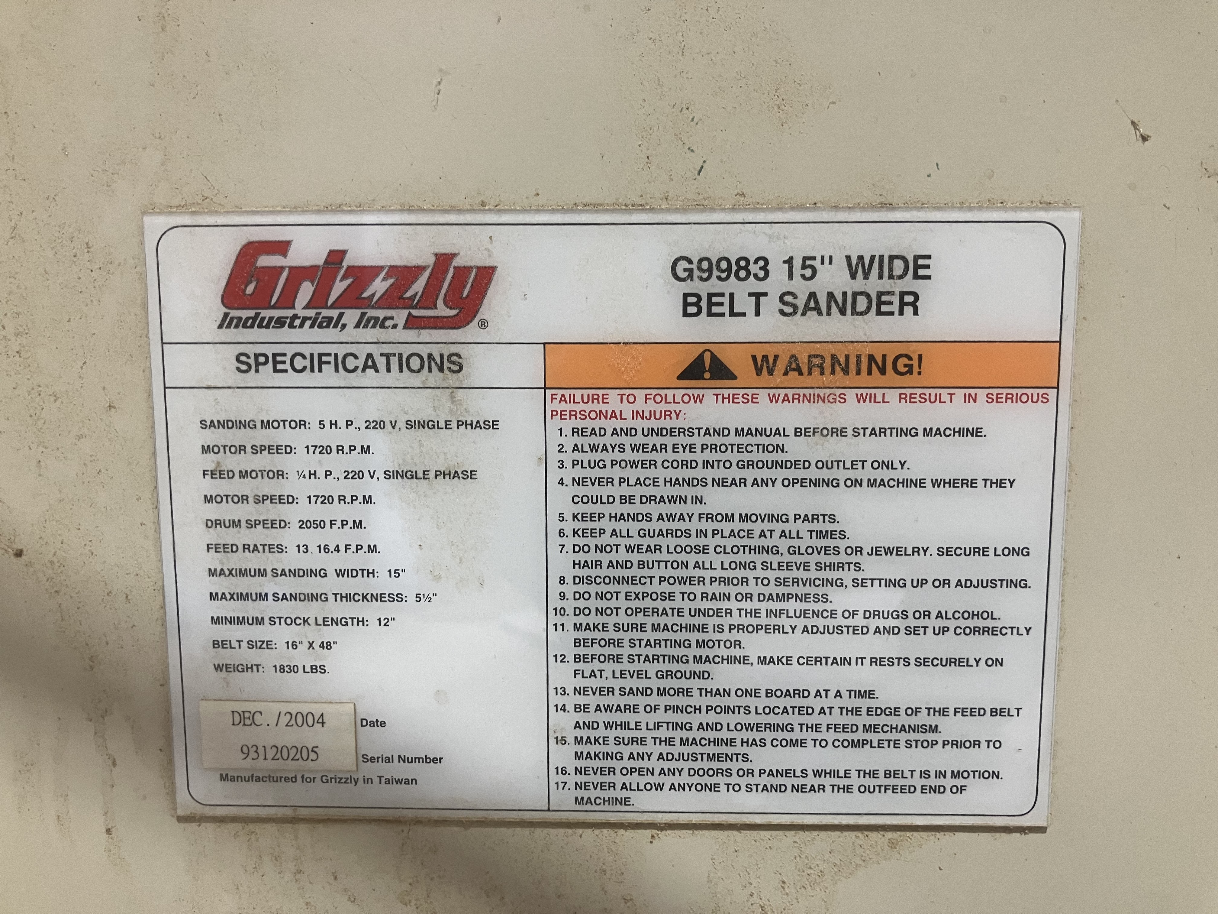 Used 2004 Grizzly  G9983 15" Wide Belt Sander