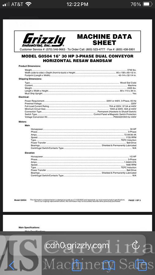 Used Grizzly  G0504 16" Horizontal Resaw With Return Conveyor