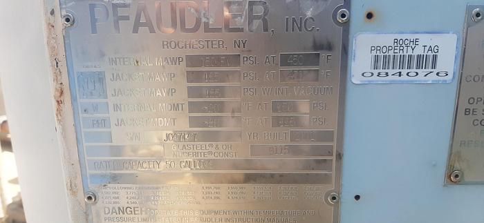 Used Reactor, 45 Gallon, G/L, 150 PSI, Jkt, Pfaudler, #S738230