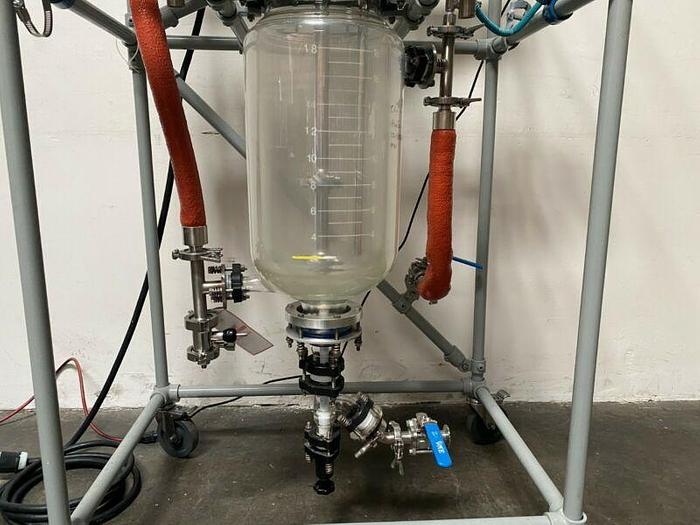 Used Sentinel Process System Skid w/ 20 L Jacketed Glass Reactor, Condenser & Mixer