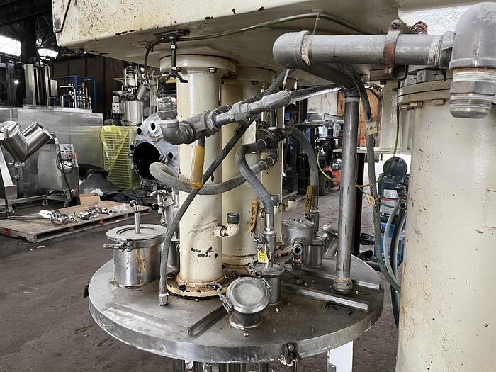 Used 100 GALLON ROSS TRIPLE MOTION MIXER - MODEL PVM-100 - S/S - VACUUM - 2 MIX CANS - WITH DISCHARGE RAM