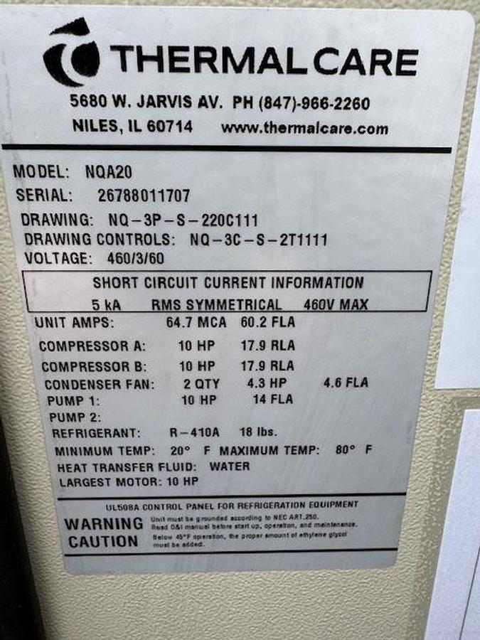 Used Thermal Care 20 Ton Water Chiller -Accuchiller NQ-Series 
