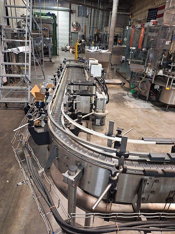 Used KOSME Complete Bottling Line Includes Depalletizer, Barifill Glass Filler & Flexa Labeler