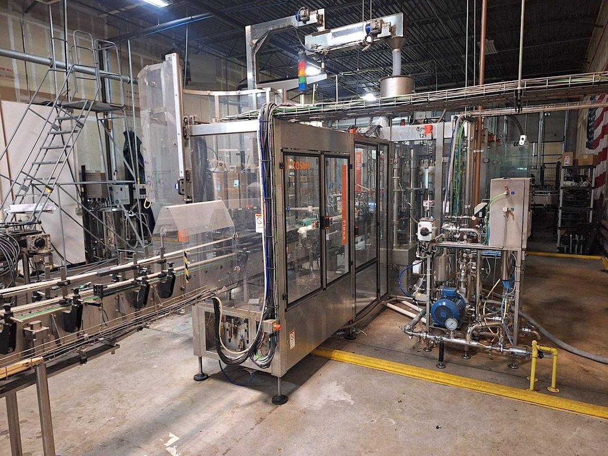 Used KOSME Complete Bottling Line Includes Depalletizer, Barifill Glass Filler & Flexa Labeler