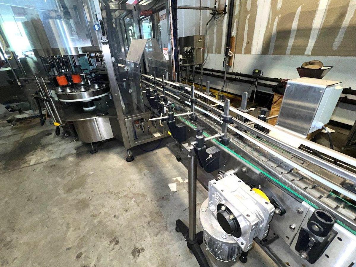 Used KOSME Complete Bottling Line Includes Depalletizer, Barifill Glass Filler & Flexa Labeler
