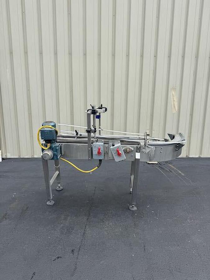 Used Conveyor - Single File 4.5-Inch Wide Stainless Steel Tabletop Conveyors with 90 Degree 45 Degree Curve, Drive Motors, Legs, lot of 144 feet