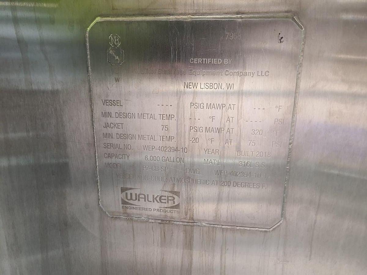 Used Walker 6,000 Gallon 316L Stainless Steel Mix Tanks, Year 2018