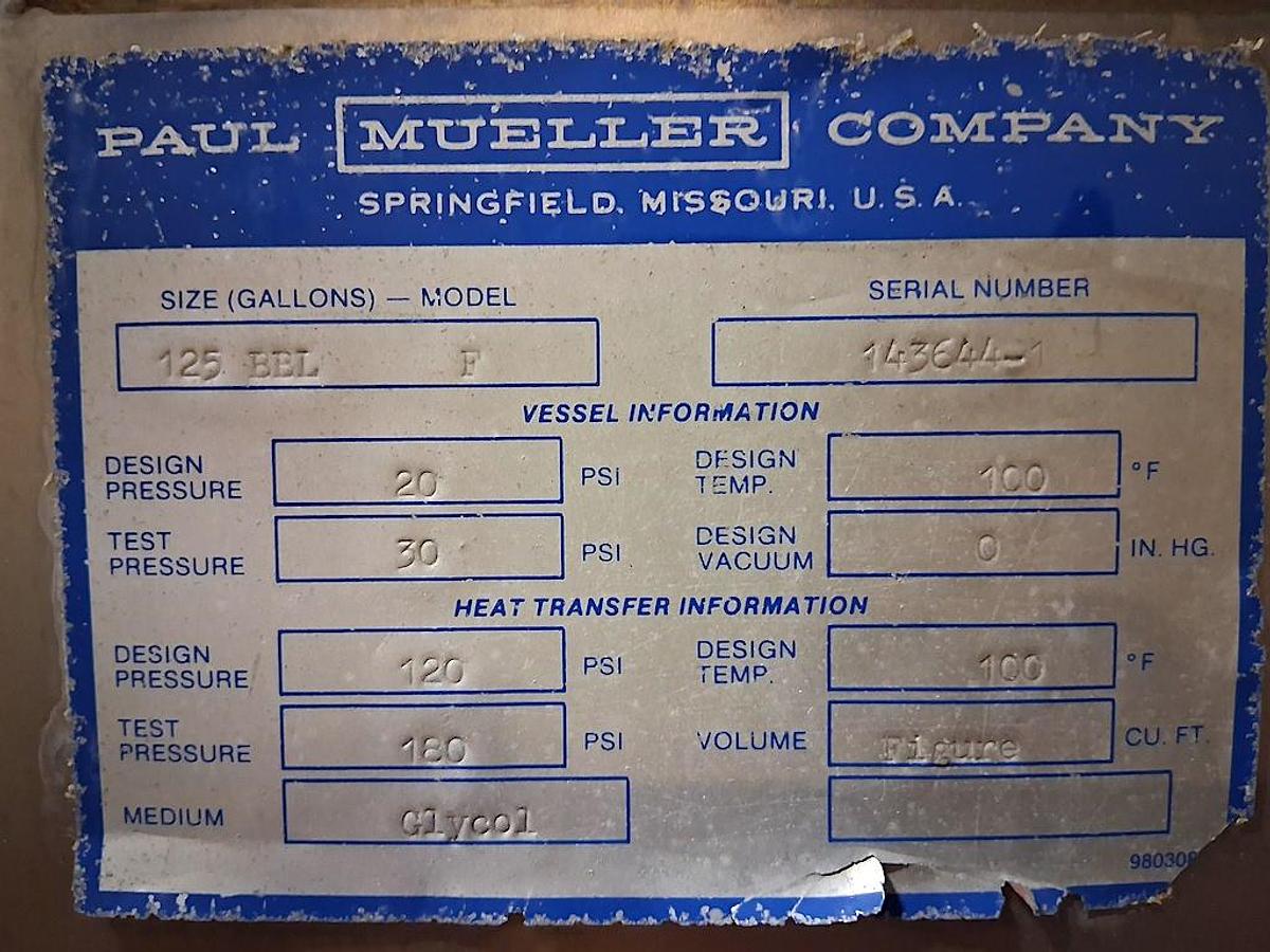 Used Paul Mueller 3900 Gallon Jacketed Fermentation Tank