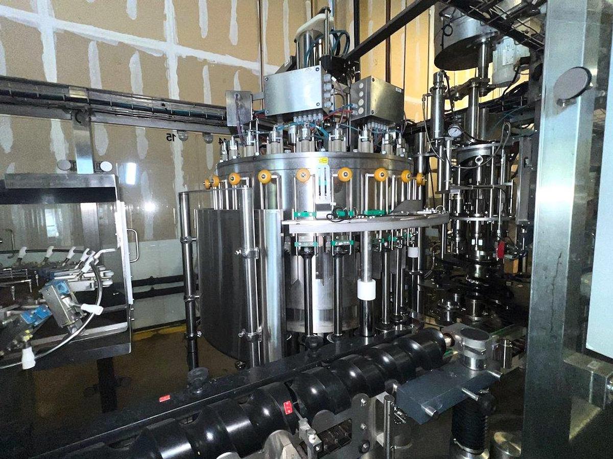 Used KOSME Complete Bottling Line Includes Depalletizer, Barifill Glass Filler & Flexa Labeler