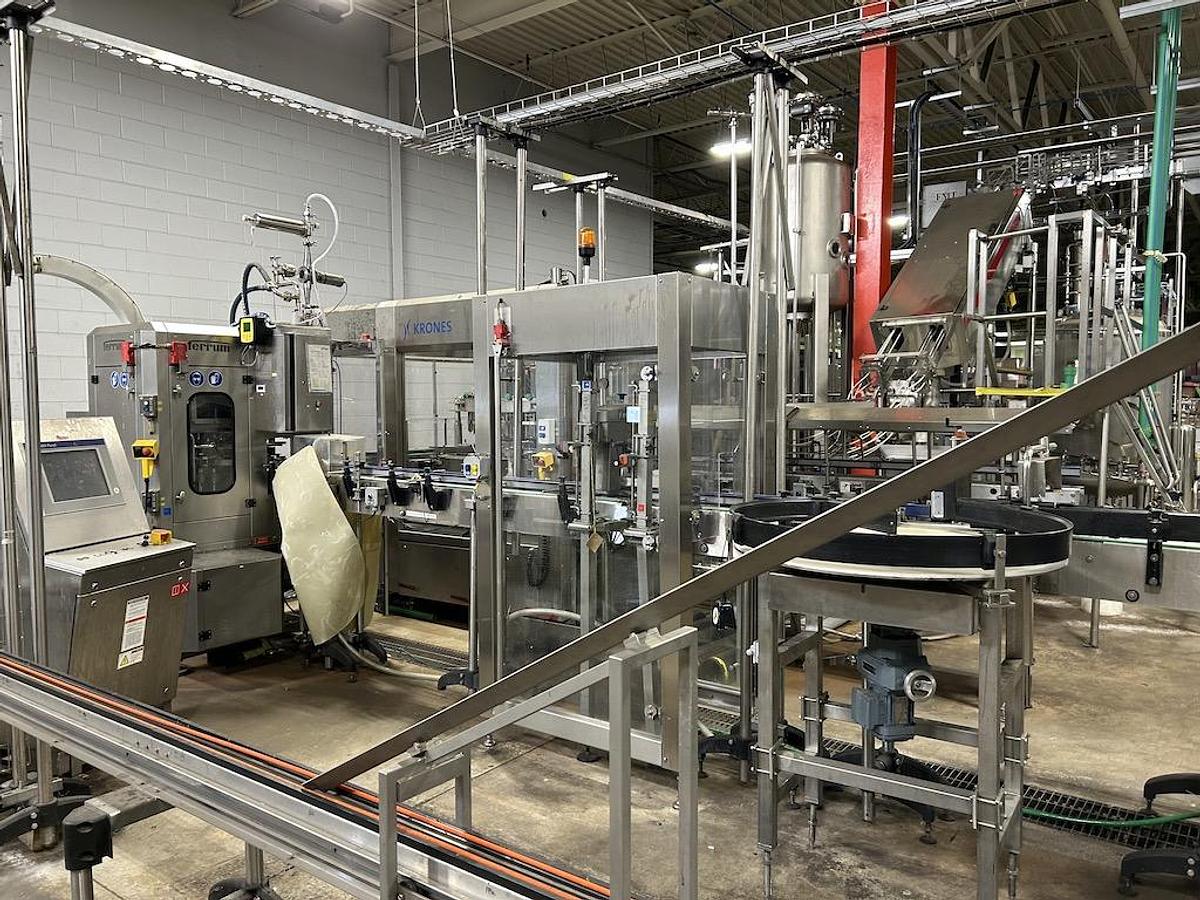 Used Complete Beverage Canning Line with Krones 28v Can Filler and Ferrum Can Seamer