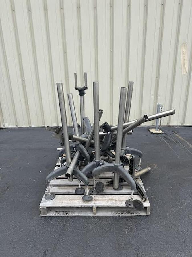 Used Conveyor - Single File 4.5-Inch Wide Stainless Steel Tabletop Conveyors with 90 Degree 45 Degree Curve, Drive Motors, Legs, lot of 144 feet