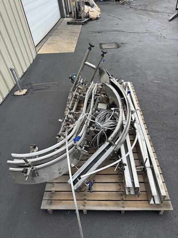 Used Conveyor - Single File 4.5-Inch Wide Stainless Steel Tabletop Conveyors with 90 Degree 45 Degree Curve, Drive Motors, Legs, lot of 144 feet