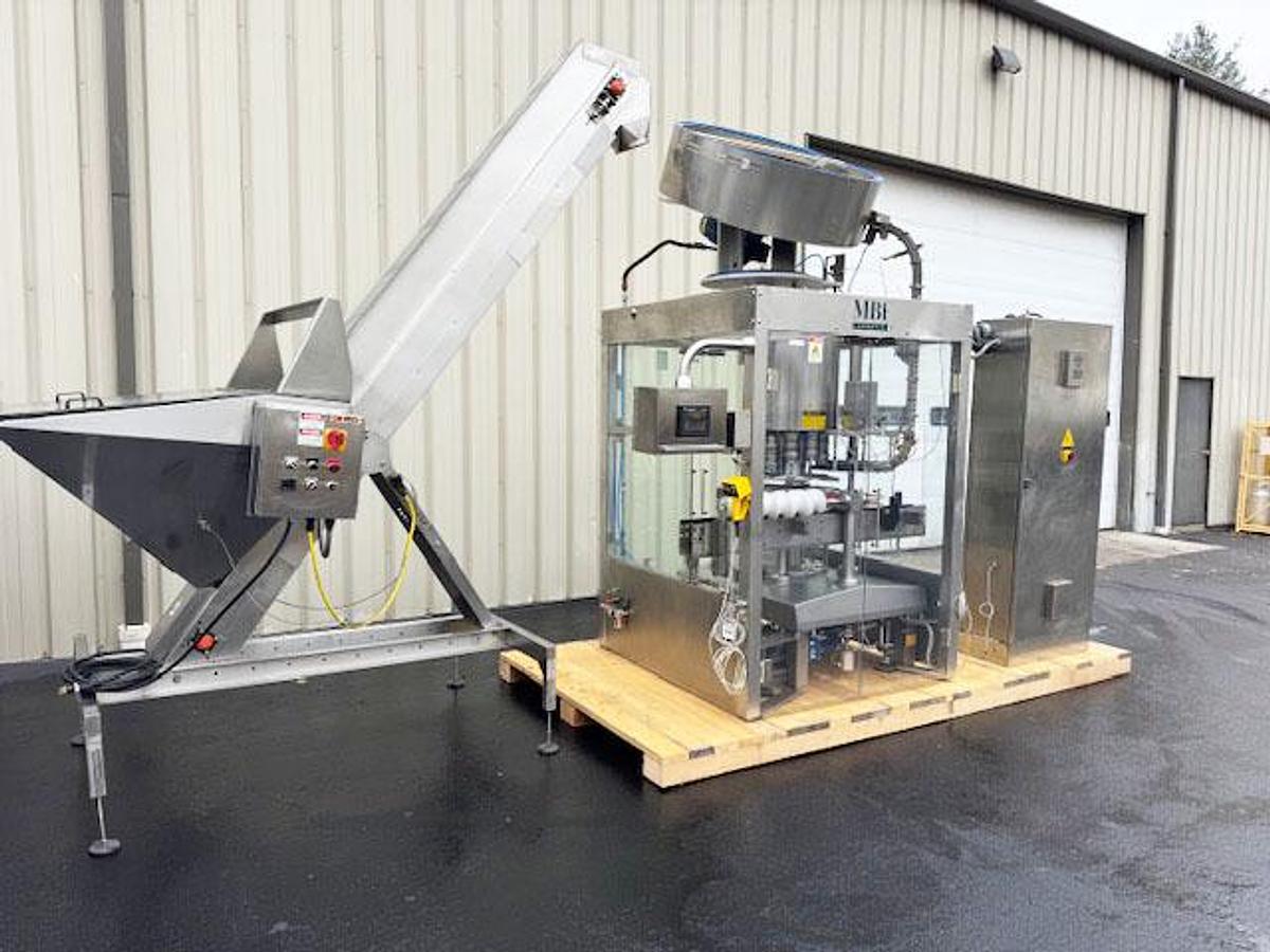 Used MBF CAPMATIC 9-Head Rotary T-Corker with Hopper Elevator Cork Feeder