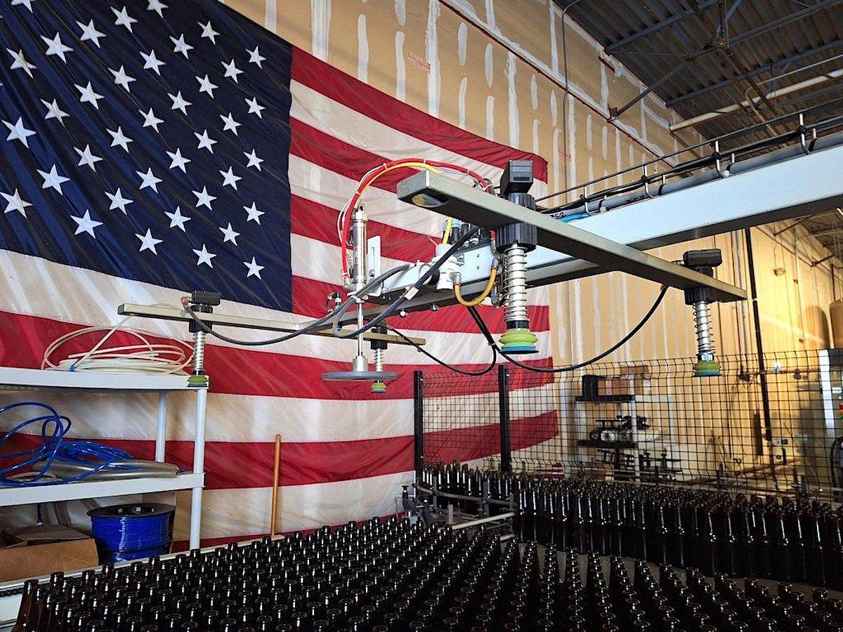 Used KOSME Complete Bottling Line Includes Depalletizer, Barifill Glass Filler & Flexa Labeler