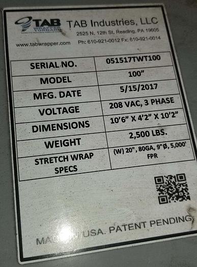 Used TAB Orbital Stretch Wrapper, Model Tornado 100”