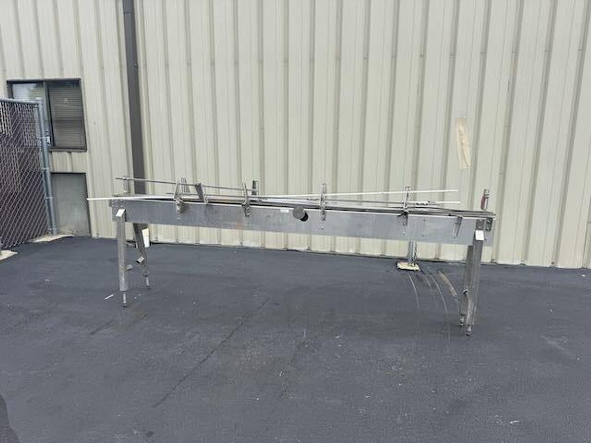 Used Conveyor - Single File 4.5-Inch Wide Stainless Steel Tabletop Conveyors with 90 Degree 45 Degree Curve, Drive Motors, Legs, lot of 144 feet