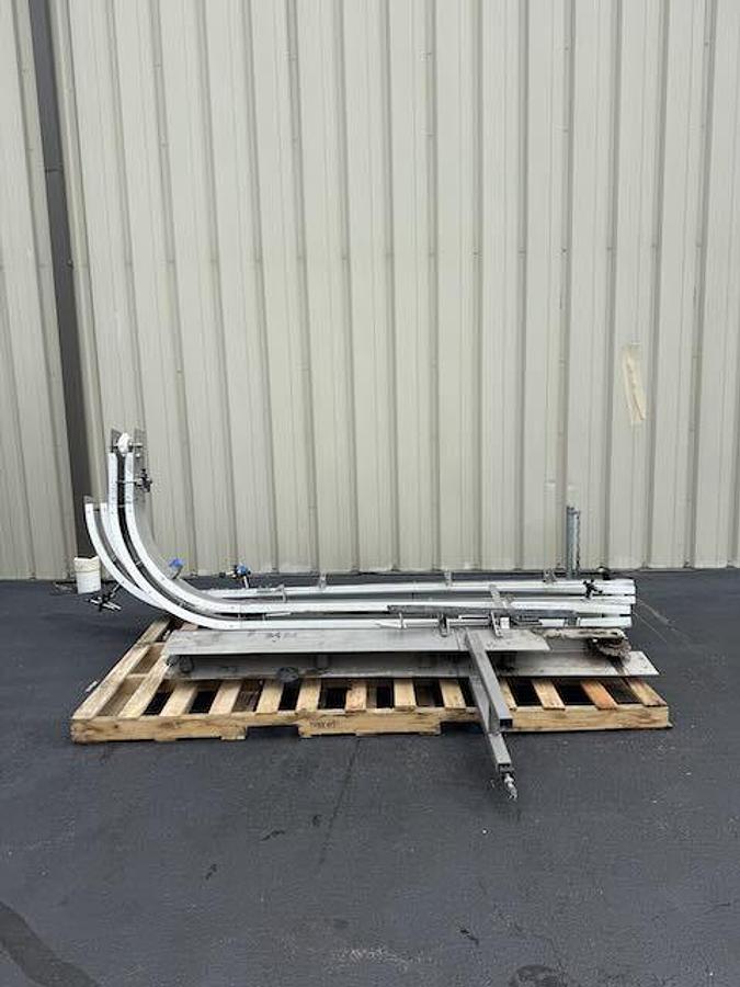 Used Conveyor - Single File 4.5-Inch Wide Stainless Steel Tabletop Conveyors with 90 Degree 45 Degree Curve, Drive Motors, Legs, lot of 144 feet